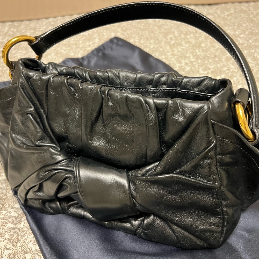 Prada Black Bow Tie Leather Shoulder Bag with Gold Accents